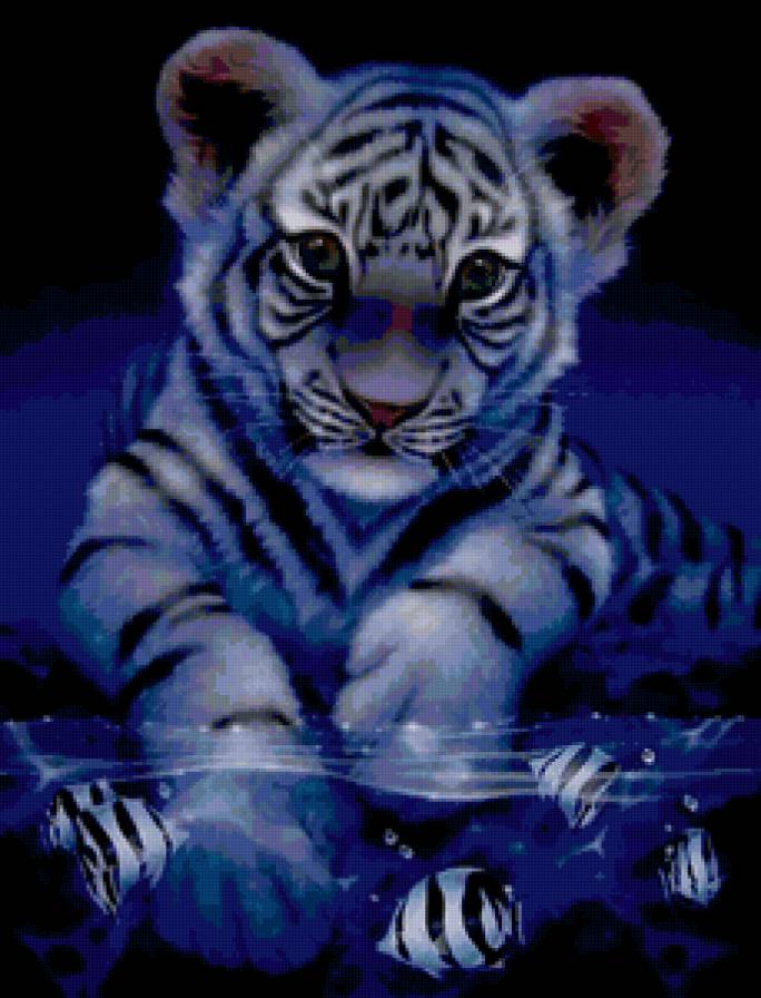 Тигрёнок анимашка - тигр, рыбки, детеныш, хищник, вода - предпросмотр