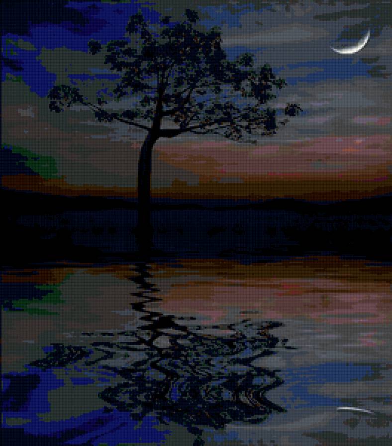 Ночной пейзаж - луна, пейзаж, отражение, ночь, вода, природа - предпросмотр
