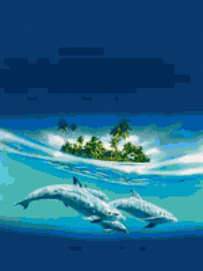 дельфины - вода, дельфины, пальмы, остров - предпросмотр