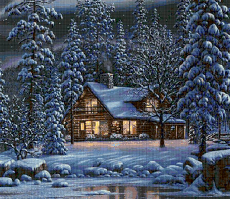 Дом у реки - зима, природа, снег, река, пейзаж, лес, домик - предпросмотр