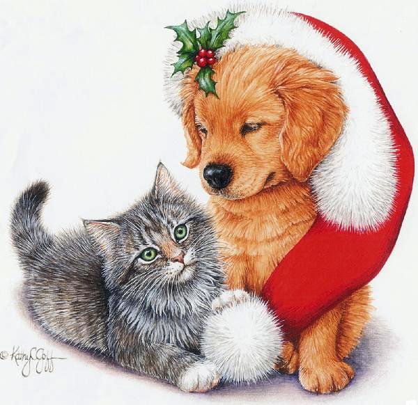 Щенок и Котик - два друга, щенок, деткам, кошка, рождество, собака, котенок - оригинал