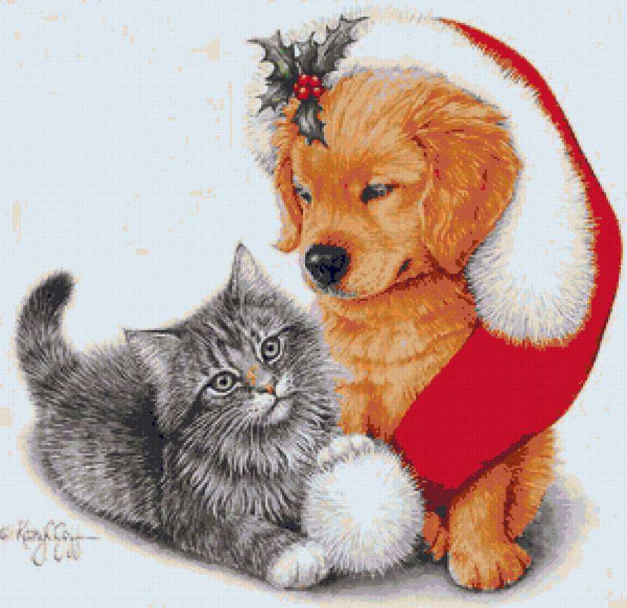 Щенок и Котик - рождество, котенок, кошка, щенок, два друга, собака, деткам - предпросмотр