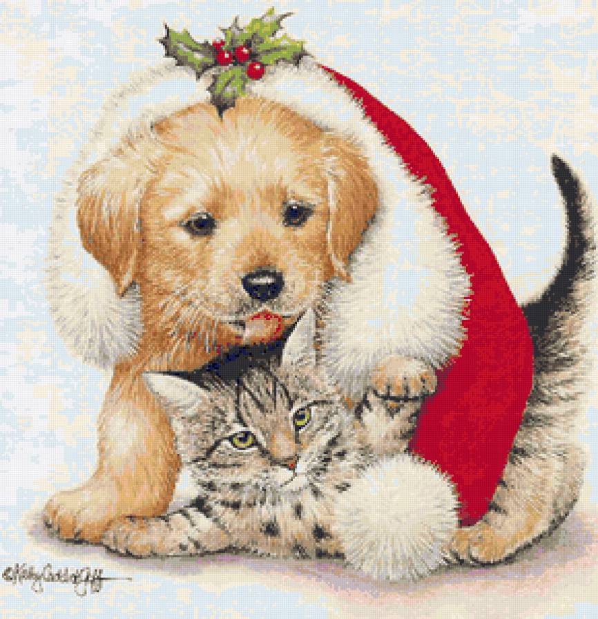 Щенок и Котик - кошка, котенок, щенок, деткам, собака, два друга, рождество - предпросмотр