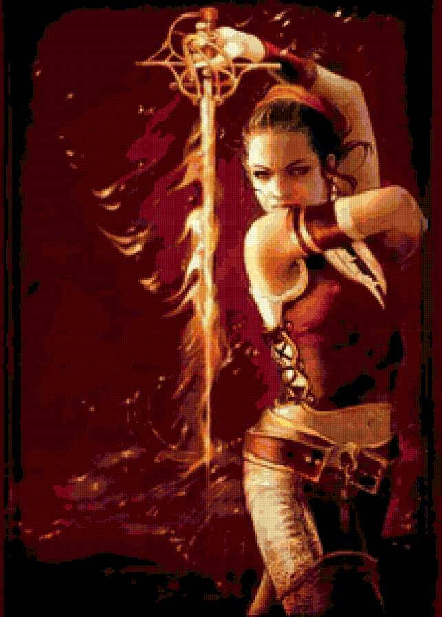 Девушка с огненным мечом - девушка, фэнтези, люди, огонь, меч - предпросмотр