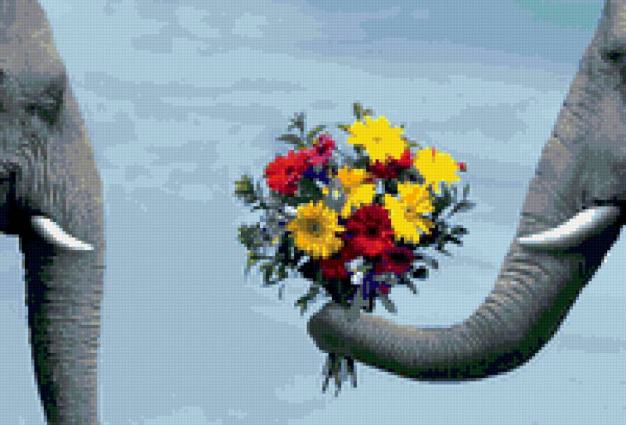 Пара слонов - любовь, животные, цветы - предпросмотр