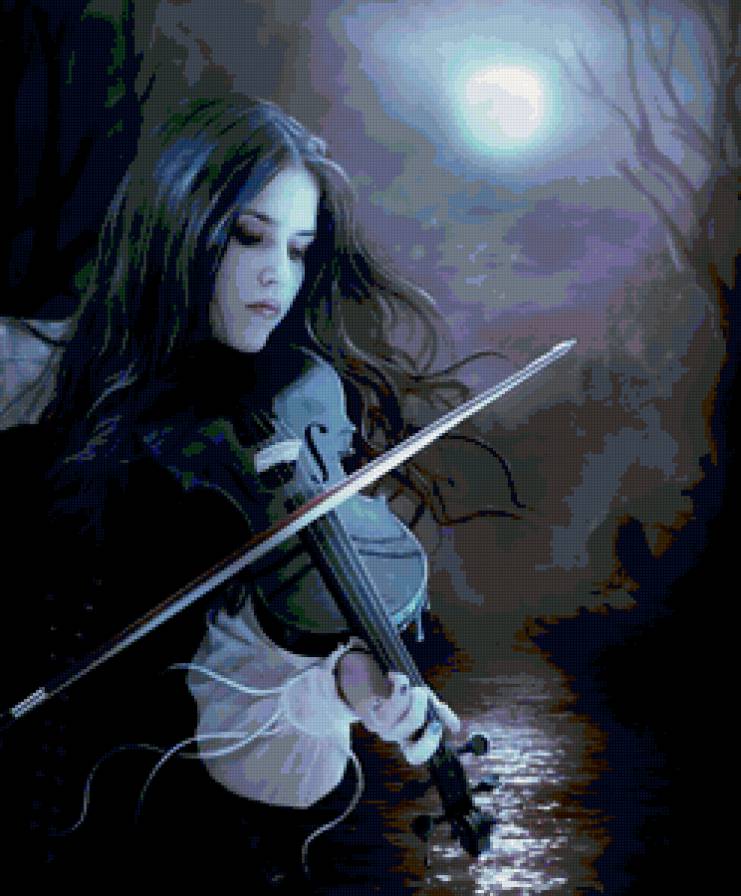 Ночная скрипка. - скрипка, ночь, девушка, луна - предпросмотр