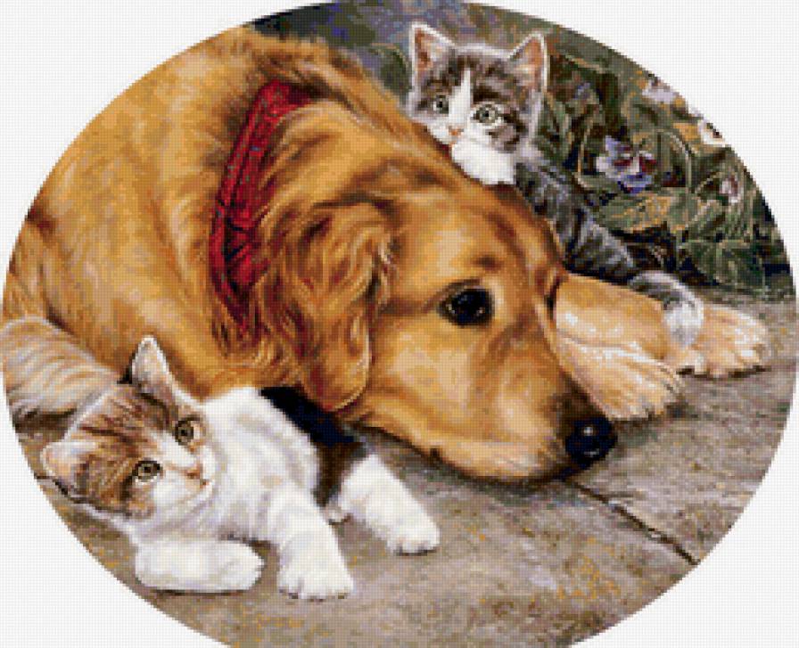 собака и котята - животные, живопись - предпросмотр