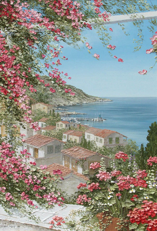 Розовый залив - город, море, юг, цветы, пейзаж - оригинал