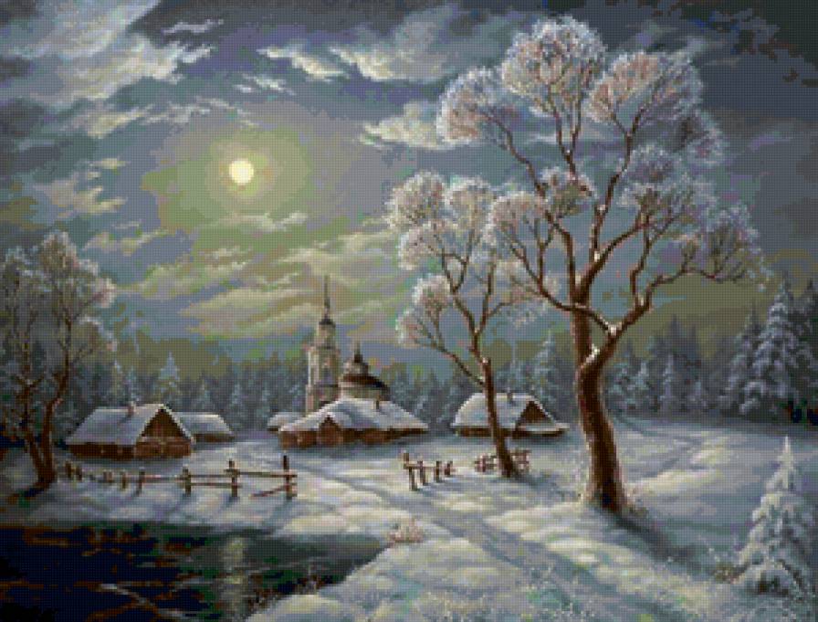 ночь - дома, зима, ночь, природа - предпросмотр