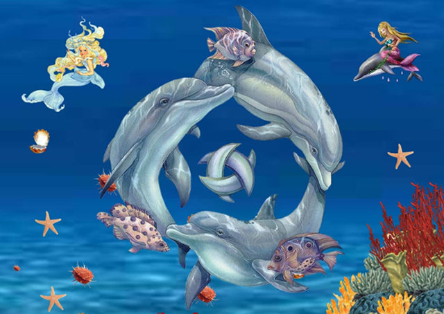 Дельфины - животные, открытка, мультяшки - оригинал