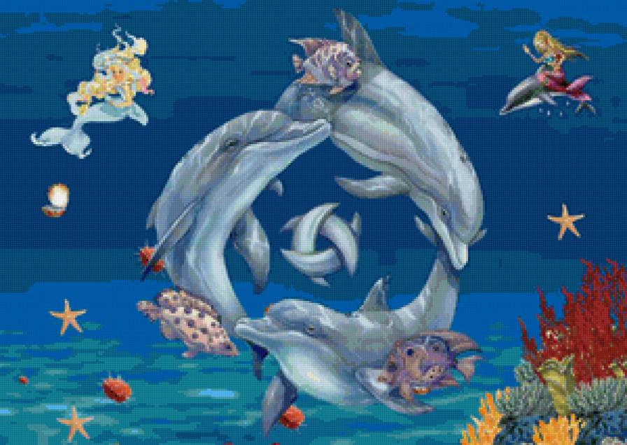 Дельфины - мультяшки, открытка, животные - предпросмотр