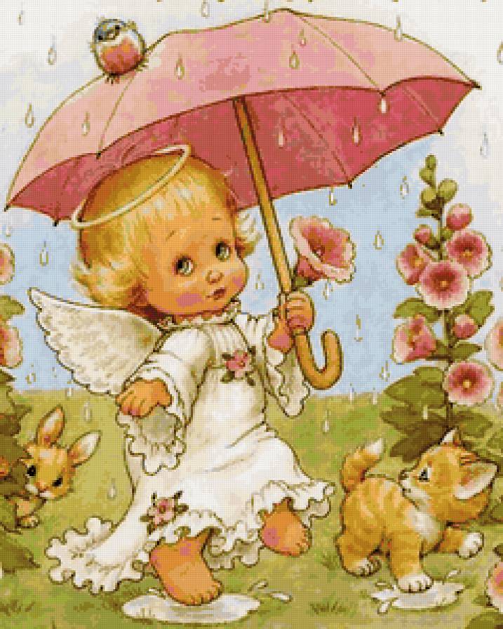 под дождем - ангел, зонт, котенок, зайчик - предпросмотр