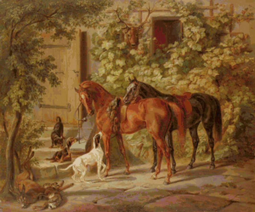 Охотничий домик - собака, живопись, лошадь, животные - предпросмотр