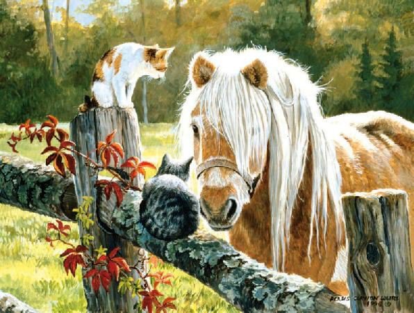 Друзья - лошади, лошадь, котята, друзья, конь, природа, кошки - оригинал