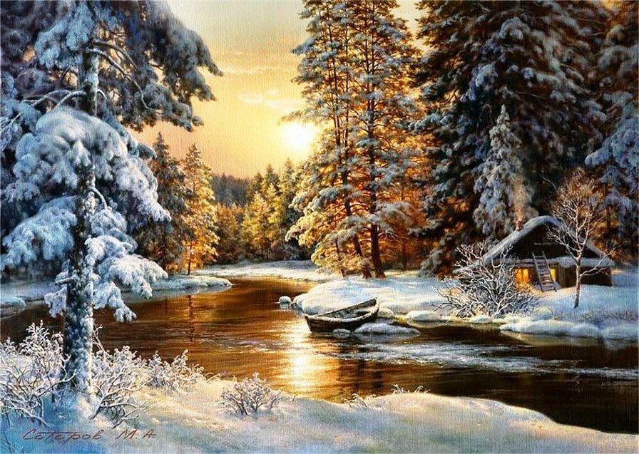 Зимняя сказка - зимняя картина, иней, зима, пейзаж, природа, лес, ели, домик - оригинал