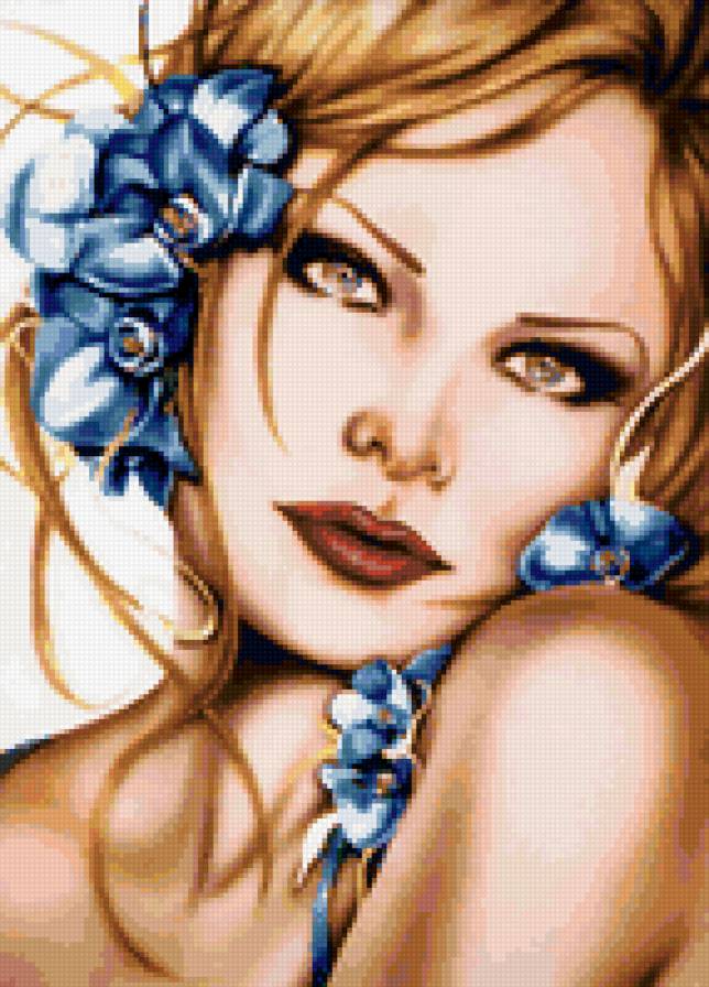 Очень Красивая Девушка (Дж. Джанеско) - девушка, голубые цветы, очень красивая - предпросмотр