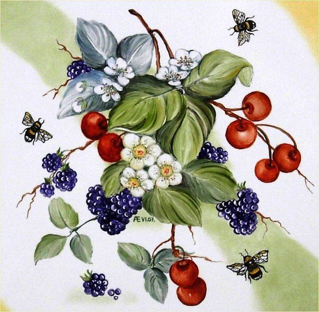 Ягодки и пчёлки - цветы, вишенки, пчелки, фруктовое панно, ежевика, ягоды - оригинал