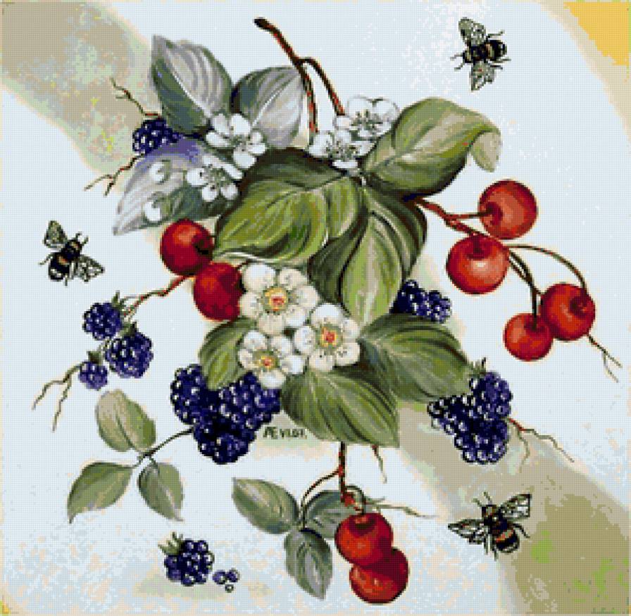Ягодки и пчёлки - ягоды, пчелки, фруктовое панно, цветы, вишенки, ежевика - предпросмотр
