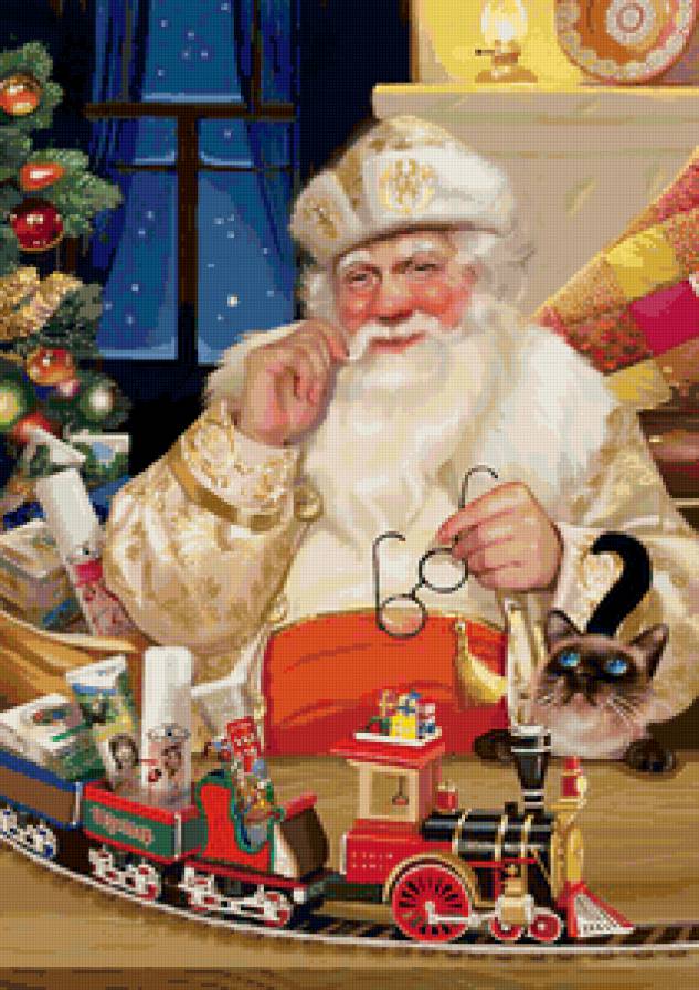 Дед Мороз - мужчина, коты, живопись, животные - предпросмотр