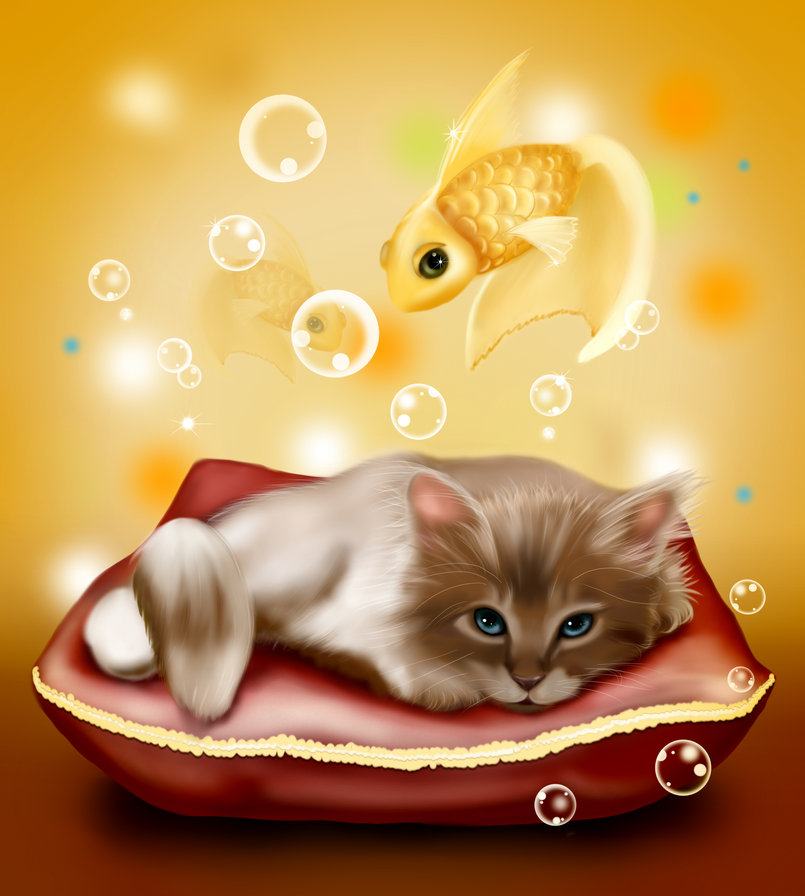 Котенок с рыбкой - яркое, желтая, рыбка, котенок - оригинал