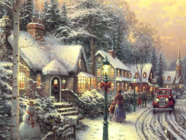 Заснеженная улица - семья, снеговик, снег, машина, зима - оригинал