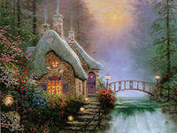 дом и мост - сказка, мост, пейзаж, природа, водопад, домик - оригинал