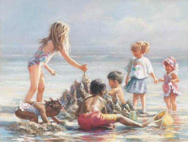 Дети на пляже - море, пейзаж, дети, люди, пляж, морской пейзаж, картина - оригинал