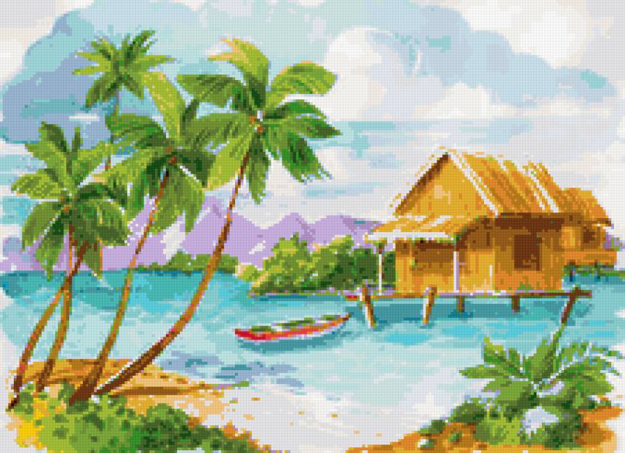 Пейзаж - пляж, морской пейзаж, домик, лодка, пальма, море, пейзаж - предпросмотр