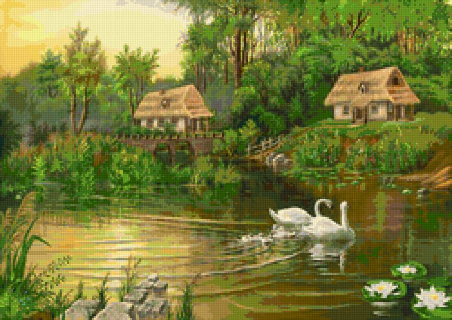 лебединая семья - птицы, озеро, лебеди, дом, природа, пейзаж - предпросмотр