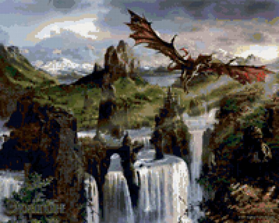 дракон - природа, сказка, пейзаж, водопад, горы, дракон - предпросмотр