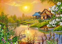 домик у воды - домик, вода, пейзаж, цветы, природа - оригинал