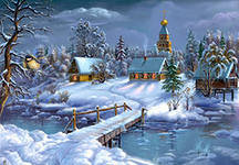 зима - сугроб, синичка, пейзаж, домики, снег, зима, мост, природа, церковь, вода - оригинал