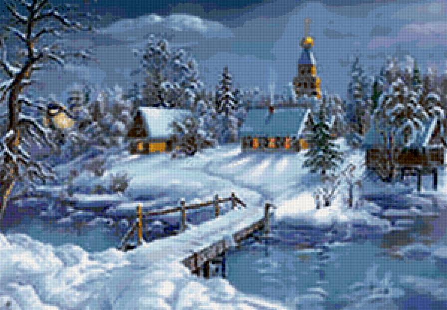 зима - снег, природа, зима, пейзаж, церковь, синичка, вода, сугроб, домики, мост - предпросмотр