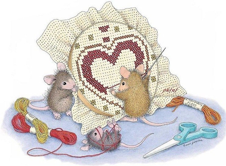 мышки за работой - рукоделие, вышивание, животные, мыши - оригинал