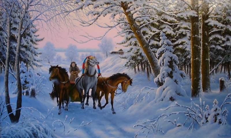 Тройка - тройка, лошади, зима, лес, пейзаж, природа - оригинал