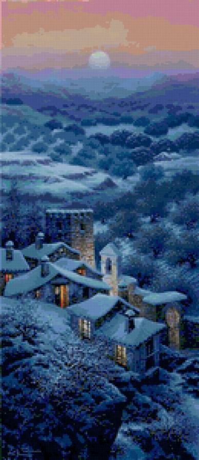 Зимняя ночь - домики, живопись - предпросмотр