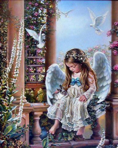 Милый ангелочек - цветы, рай, девочка, зайчики, ангел, ребенок - оригинал