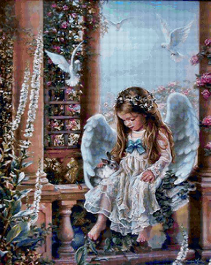 Милый ангелочек - зайчики, девочка, рай, цветы, ребенок, ангел - предпросмотр
