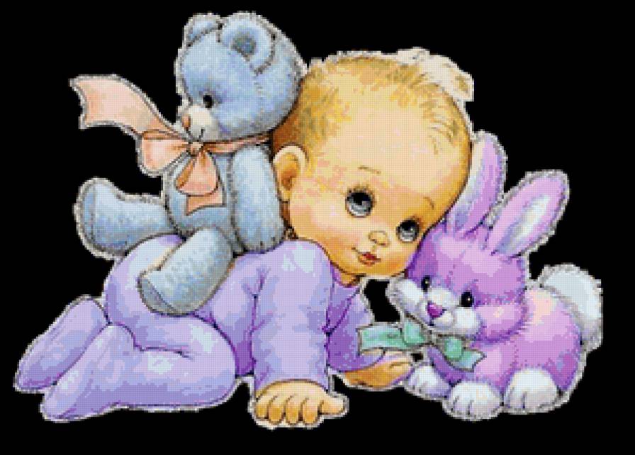 Детские картинки "Малыш с мишкой и зайкой" - зайка, детская картинка, мишка - предпросмотр