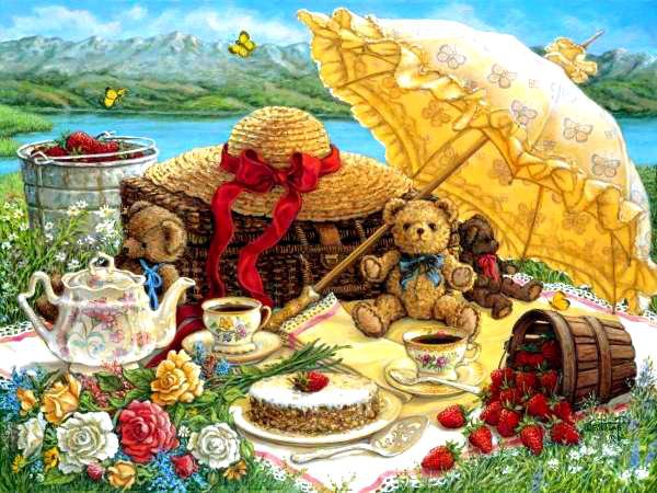 на пикник - мишка, клубника, торт, букет, цветы, игрушки, ягоды, еда, пейзаж, природа - оригинал