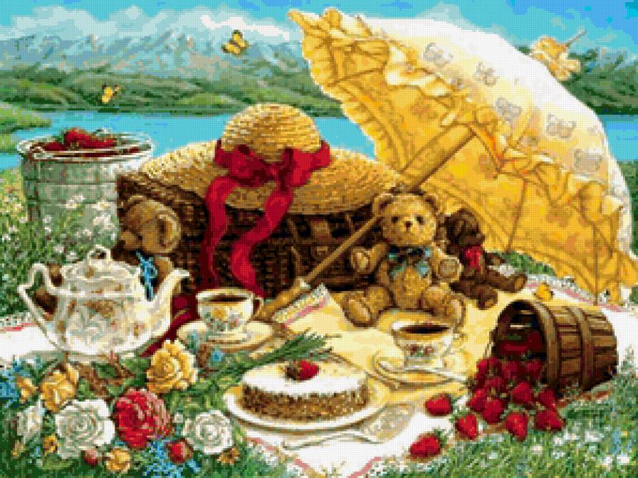 на пикник - еда, мишка, ягоды, букет, пейзаж, торт, клубника, цветы, природа, игрушки - предпросмотр