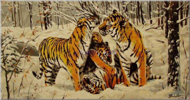 Тигры - пейзаж, животные, живопись, тигры - оригинал
