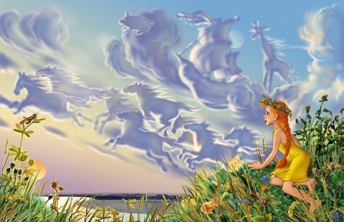 Облака - пейзаж, цветы, живопись, девочка, облака - оригинал