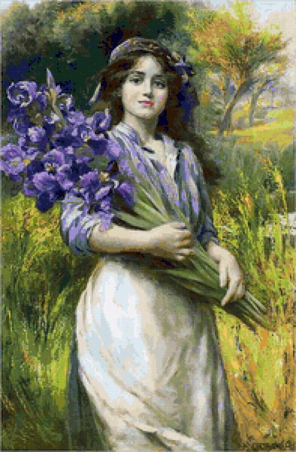 Девушка с букетом ирисов - природа, ирисы, цветы, ретро, ирис, девушка, букет, портрет - предпросмотр