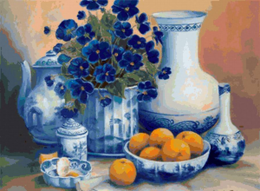 Сине-белый натюрморт - посуда, фарфор, натюрморты, букет, цветы, фиалки, натюрморт - предпросмотр
