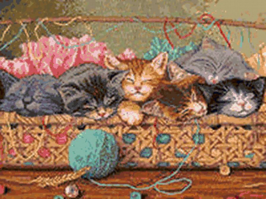 котята в лукошке - клубок, котята, корзинка, пряжа - предпросмотр