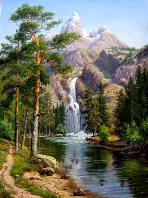 горный водопад - водопад, сосны, горы, вода, лес, пейзаж, природа, деревья - оригинал
