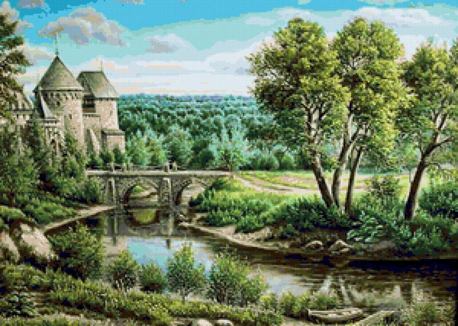 Крепость у реки - река, крепость, пейзаж, красота, лето, лес, природа, живопись - предпросмотр