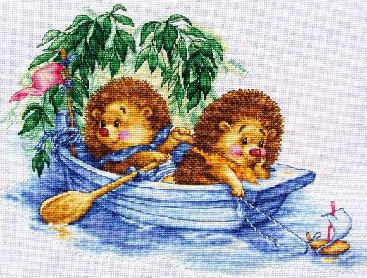 Ёжики - веселый ежик, лодка, цветы, природа, ежик, ежики, зверушки, река - оригинал