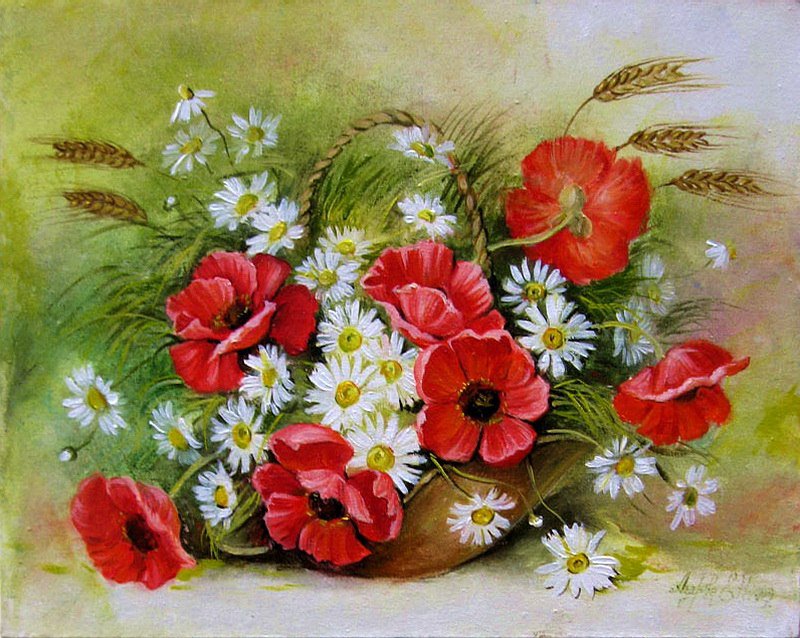 №136226 - цветы, мак, букет, ромашка - оригинал
